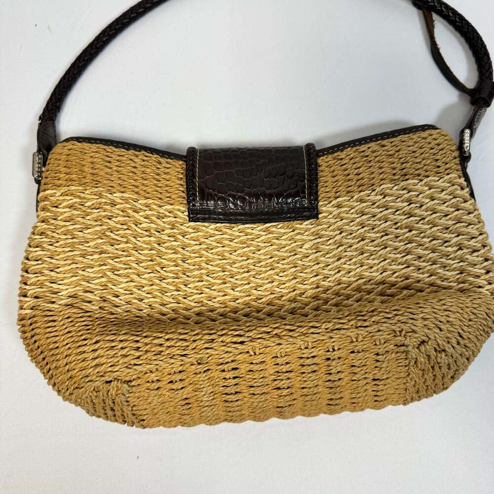 Brighton Woven Tan Straw Dark Brown Croc Embossed Leather Small Bag Tote Satchel - Picture 4 of 11